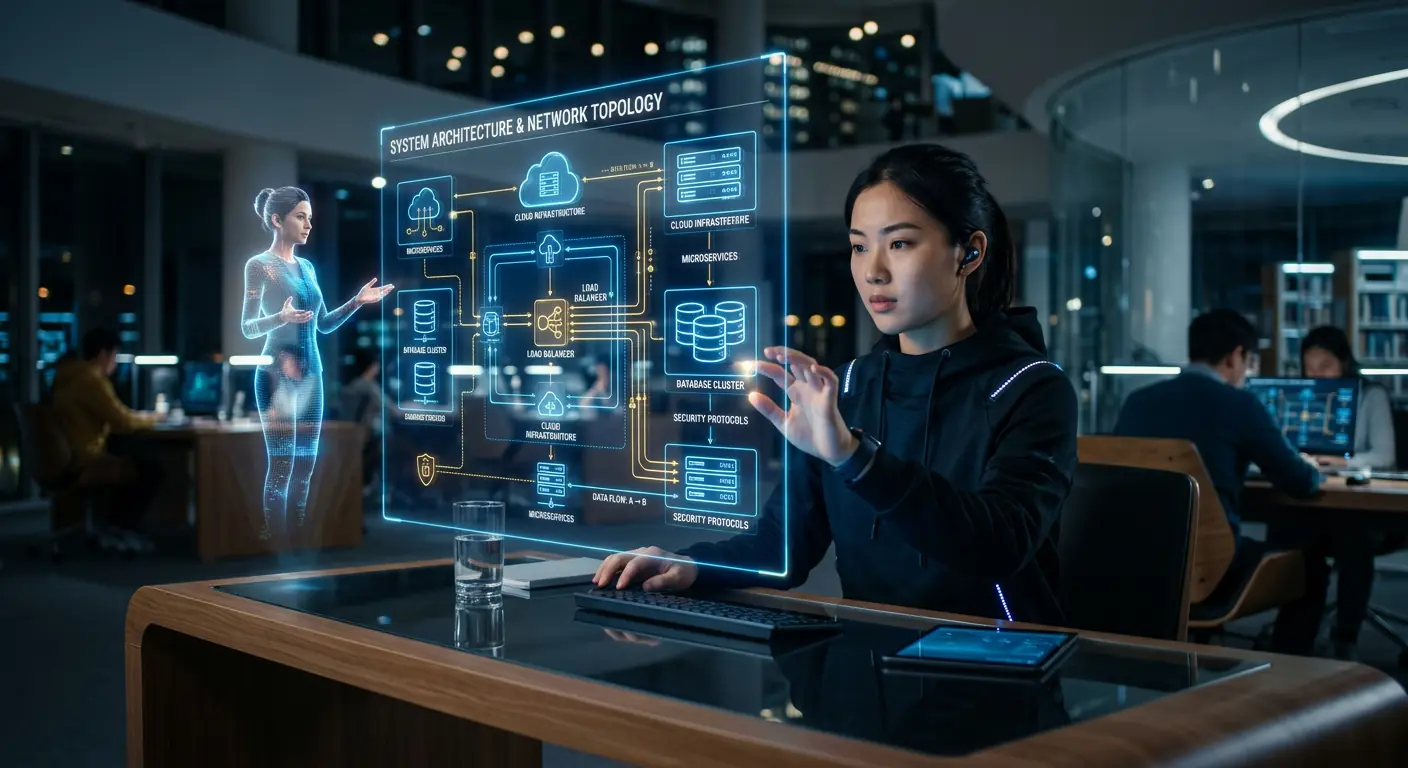 Futuristic student learning with holographic AI tutor visualizing system architecture