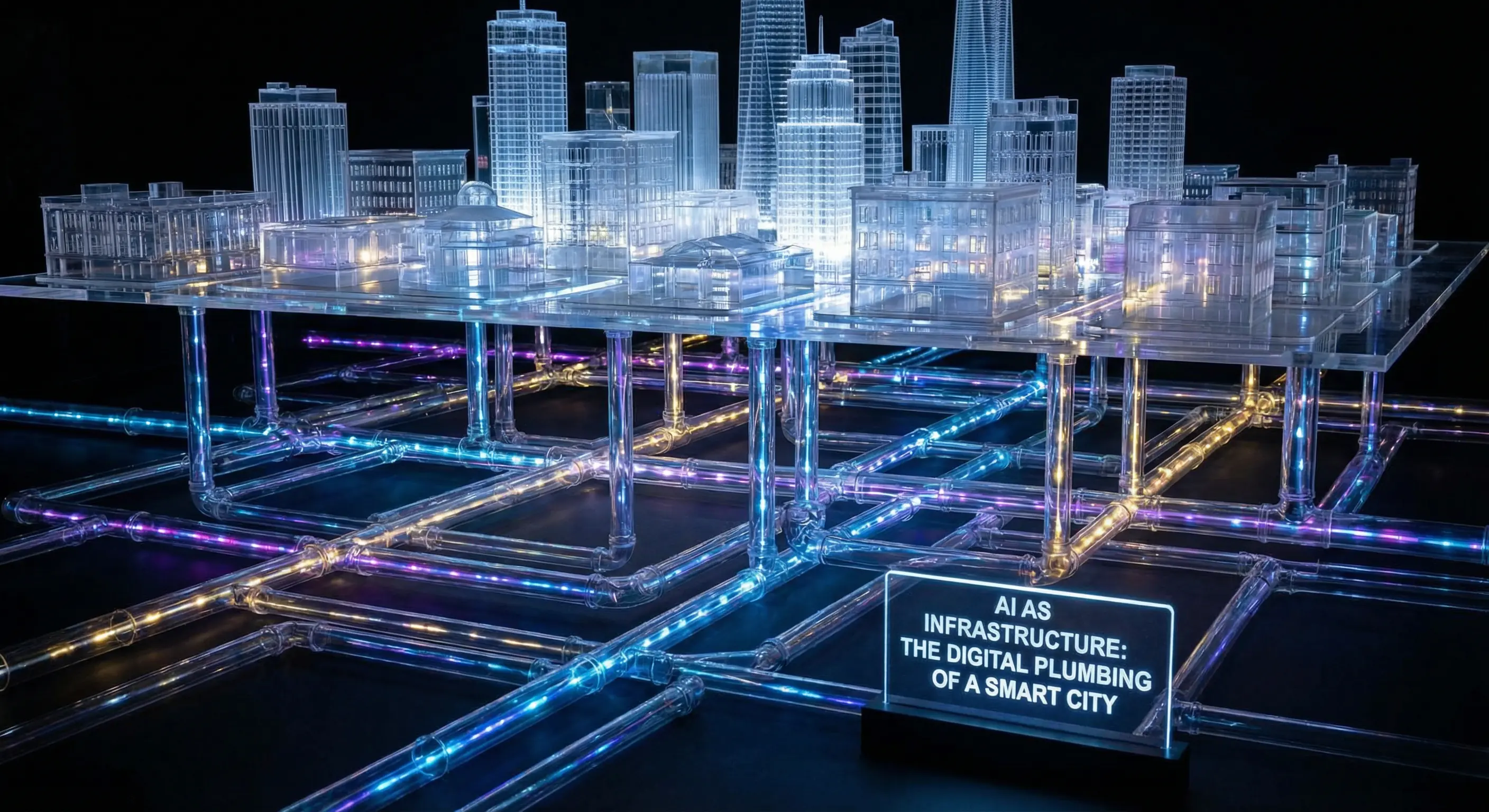 Conceptual art of a glowing city with digital pipes representing AI infrastructure
