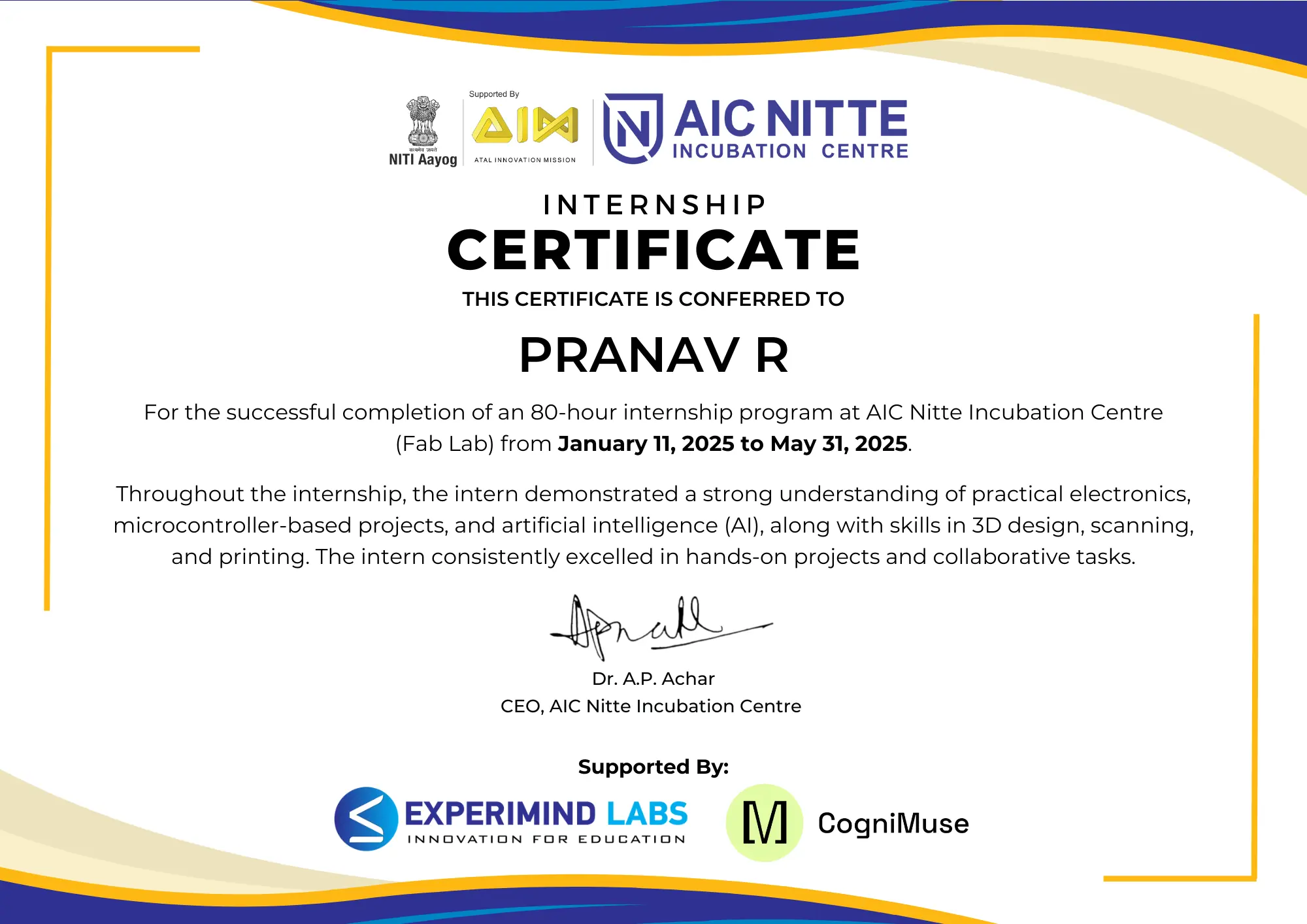 AIC Nitte Internship Certificate