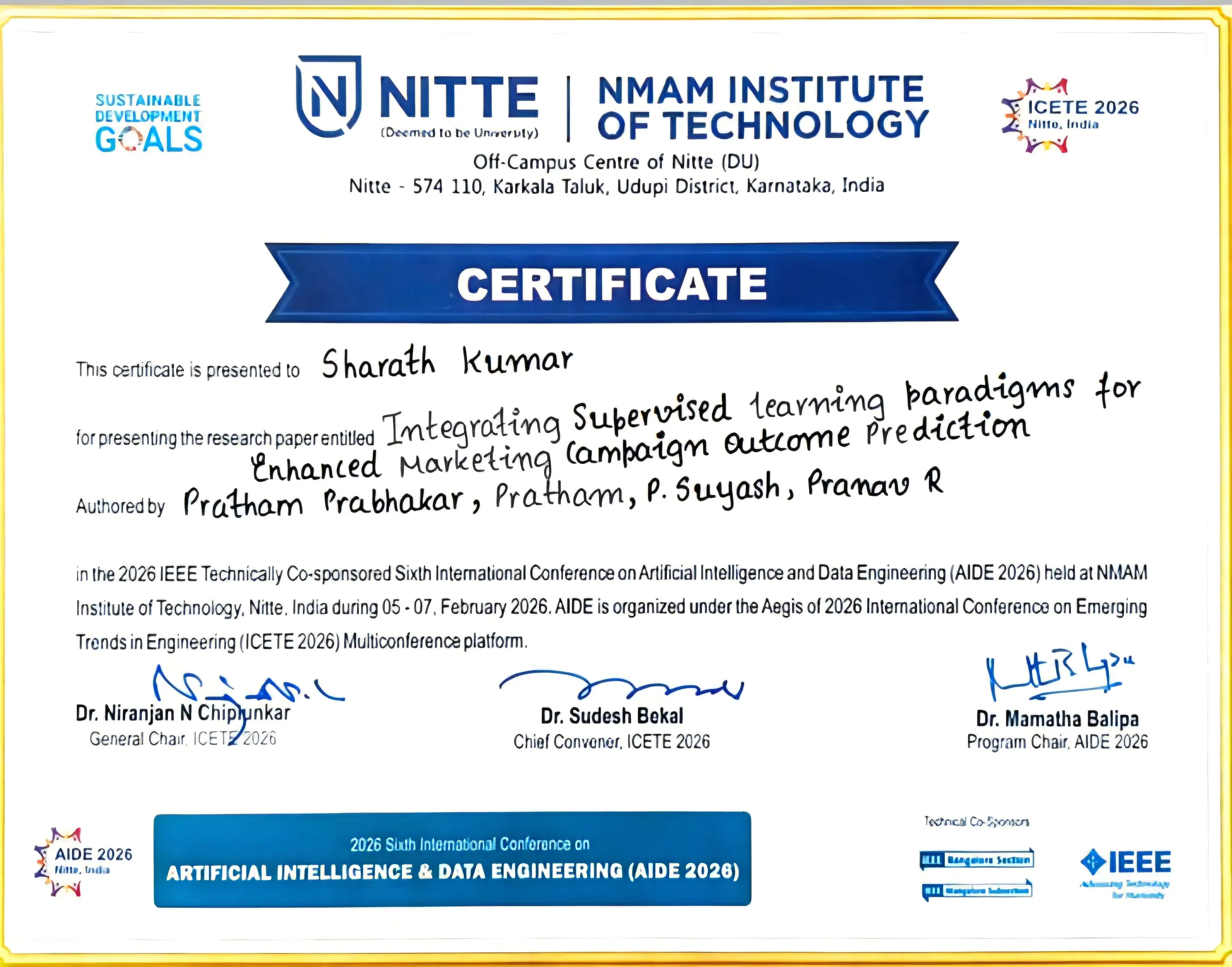 IEEE AIDE 2026 Certificate of Presentation