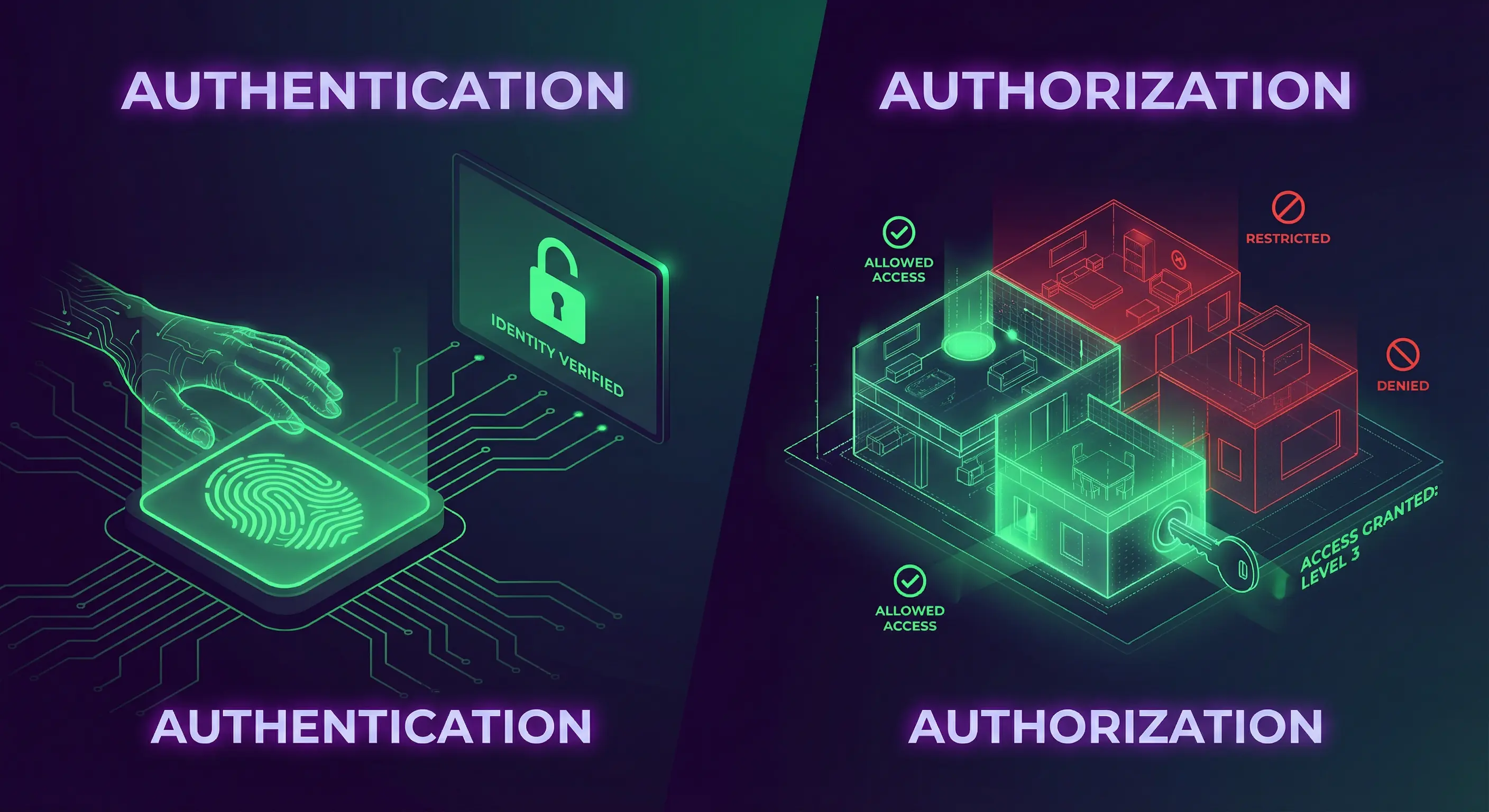 Visual comparison of Authentication (ID badge) versus Authorization (Access Keycard)