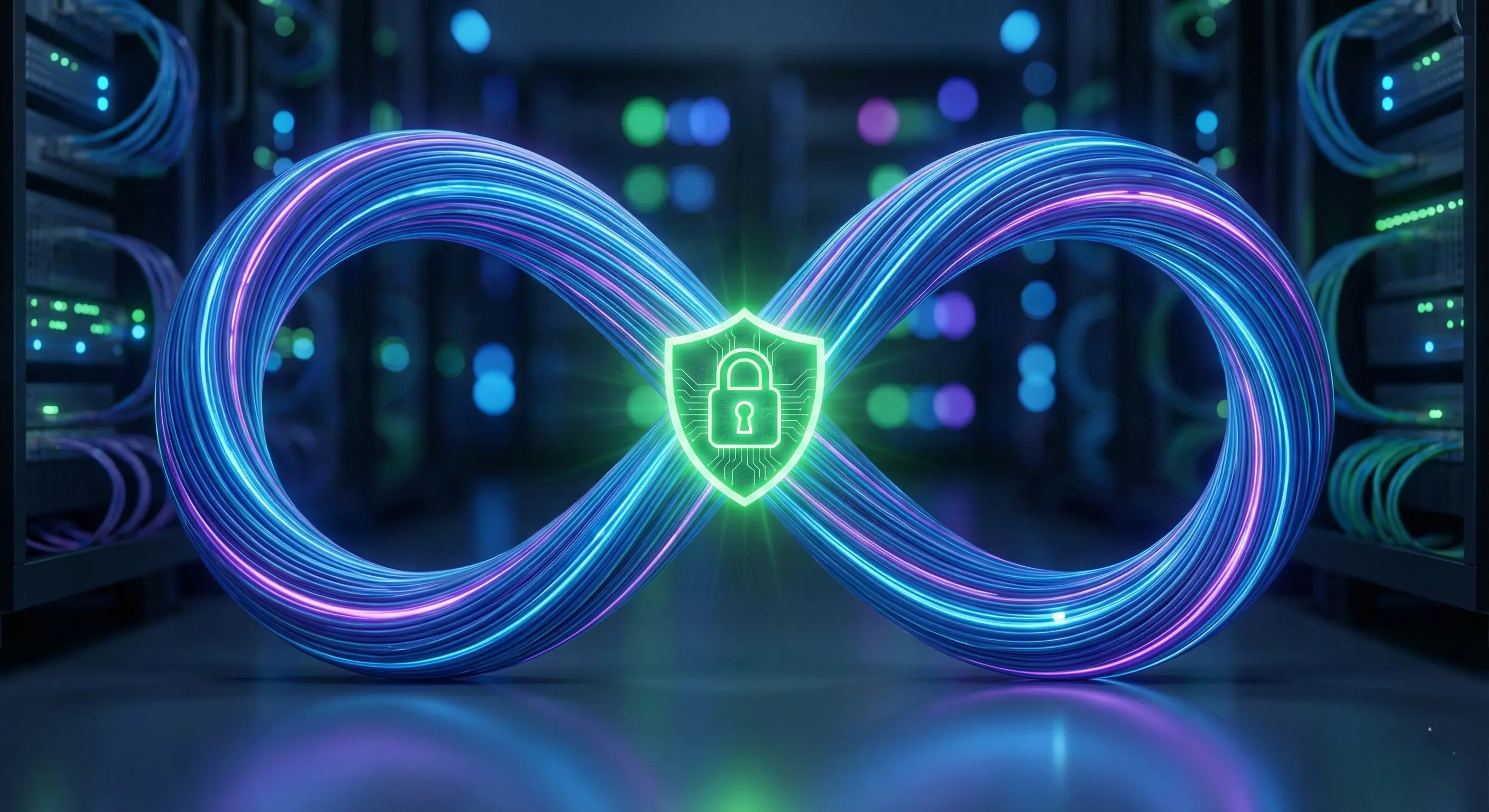 DevSecOps infinity loop symbol with a security shield integrated