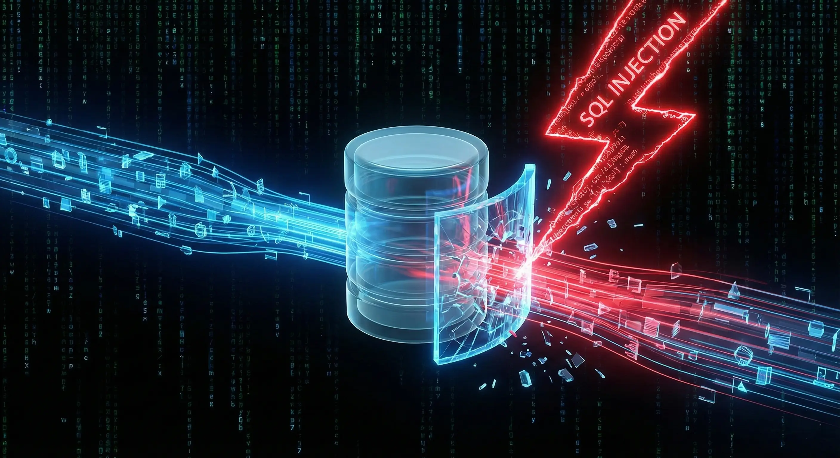 Abstract visualization of SQL Injection attack where malicious code enters a database query