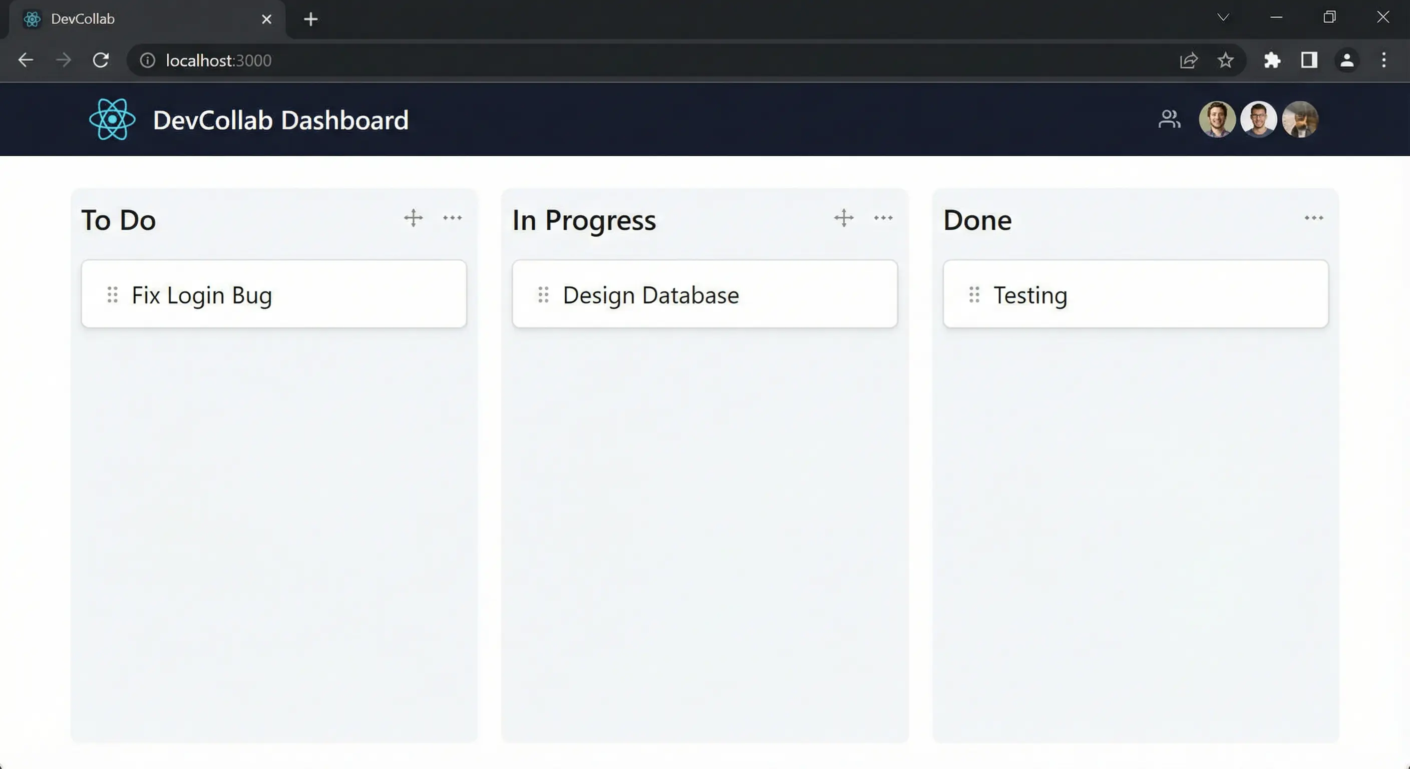 Screenshot of the DevCollab Hub Kanban board interface