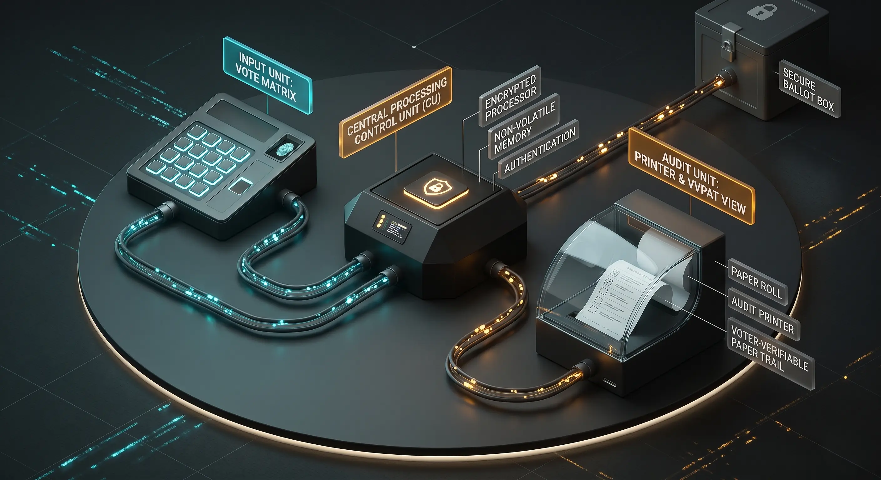 Diagram of EVM architecture showing the wired connection between the Control Unit, VVPAT, and Ballot Unit