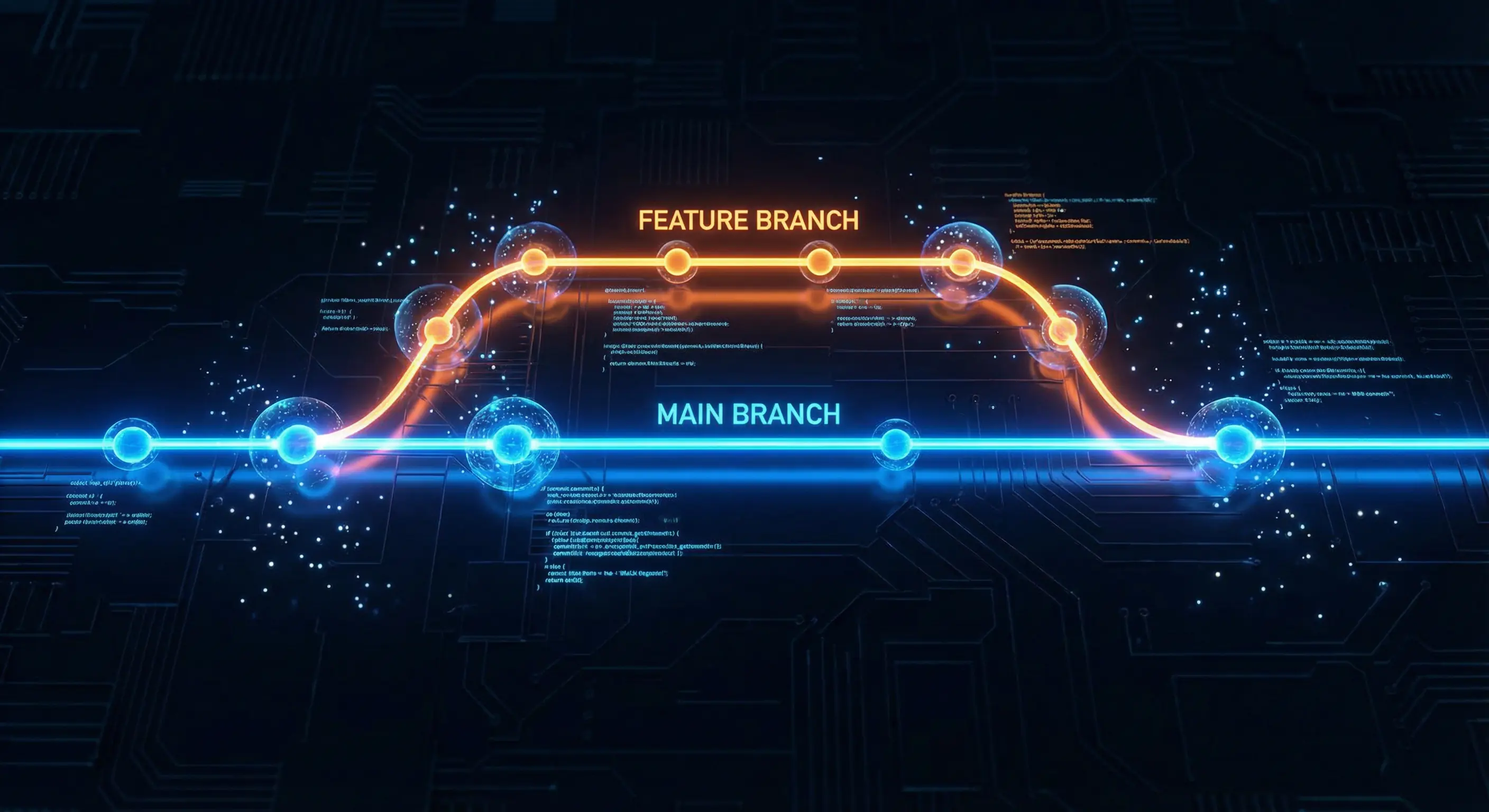 Diagram illustrating a Git feature branch diverging from and then merging back into the main branch.