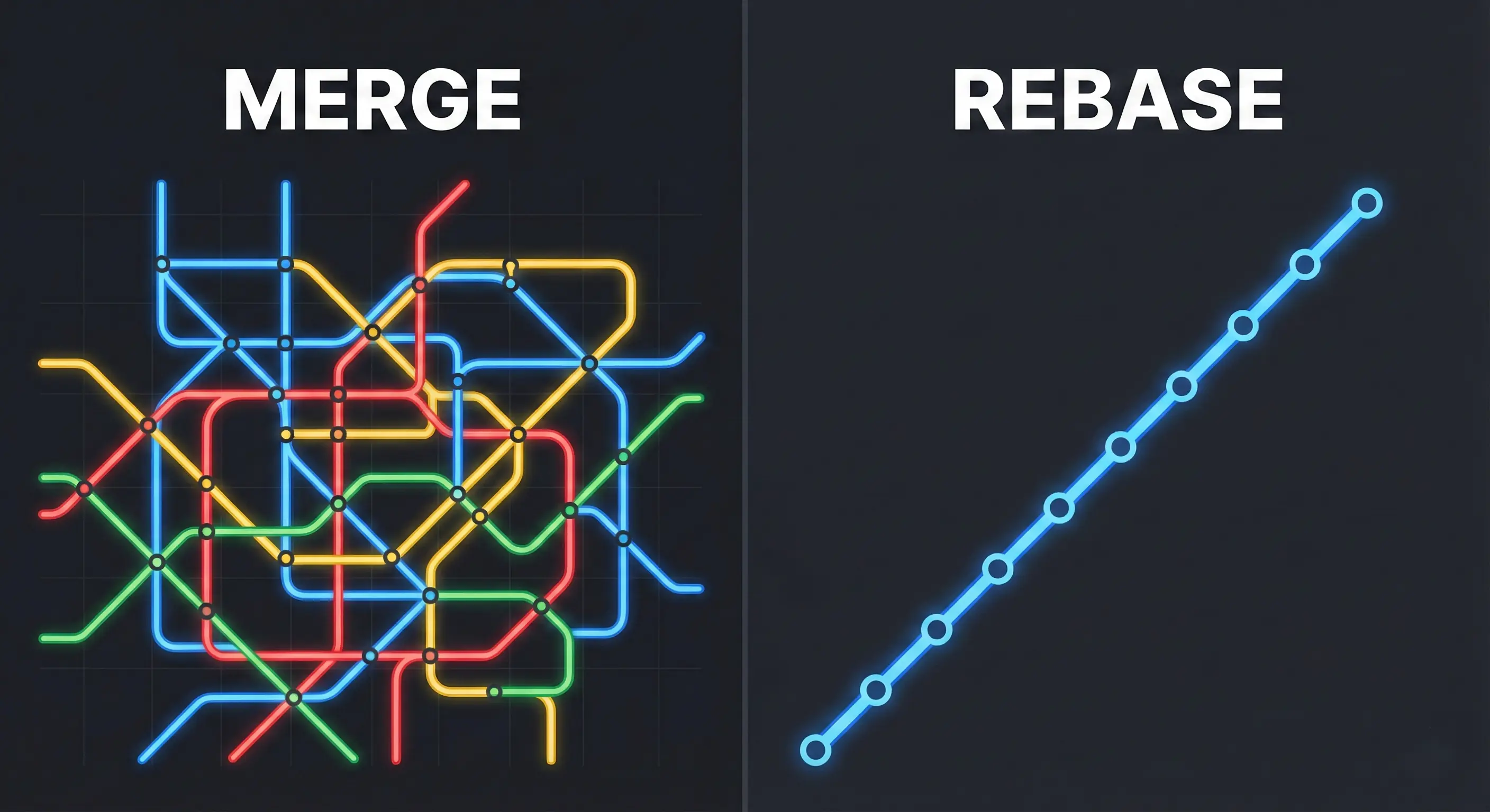 Comparison diagram showing a cluttered Git merge history versus a clean, linear Git rebase history.