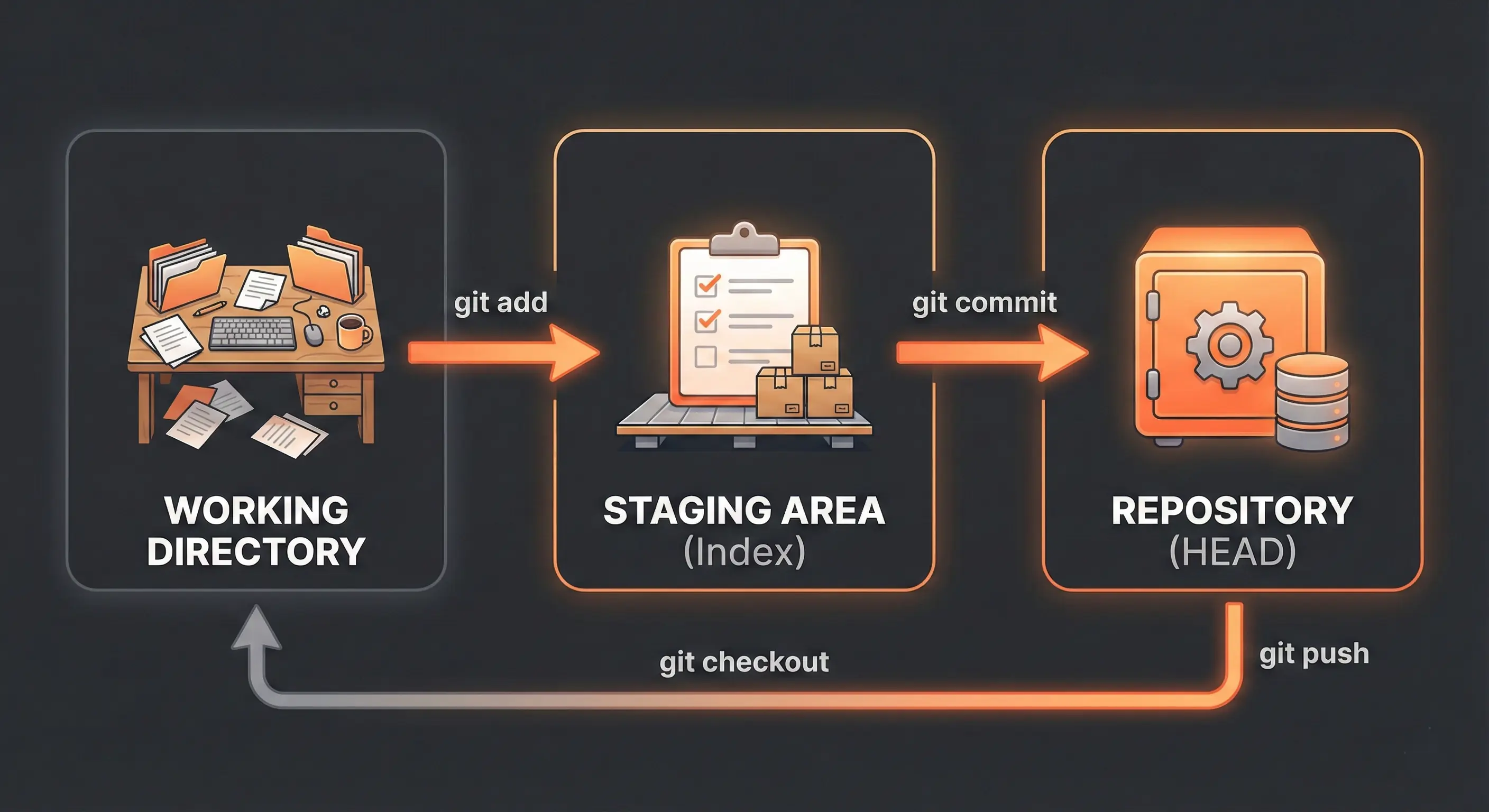 Flowchart diagram of the Git Three Trees architecture: Working Directory, Staging Area, and Repository.