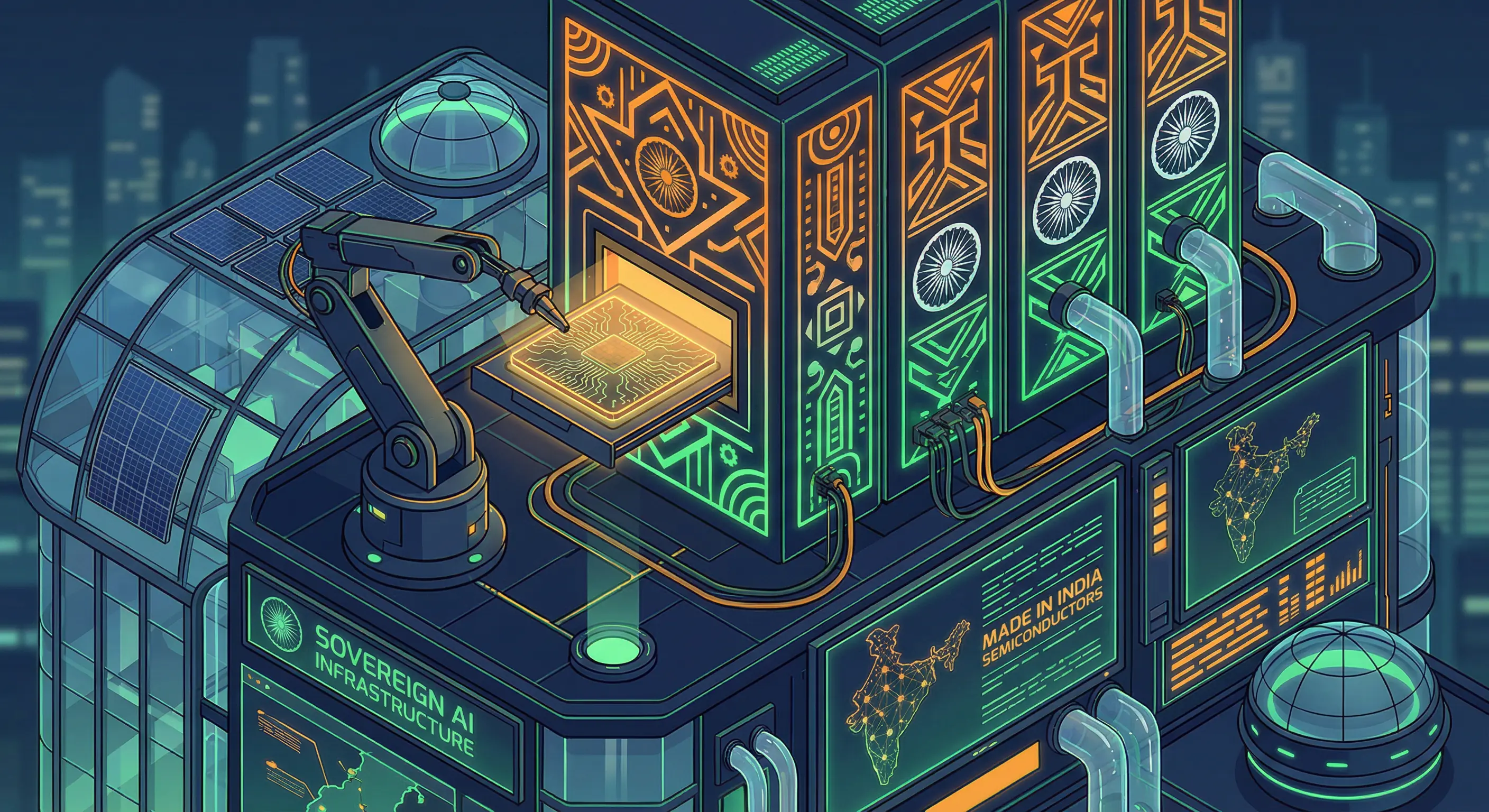 Futuristic isometric view of an Indian data center with semiconductor integration