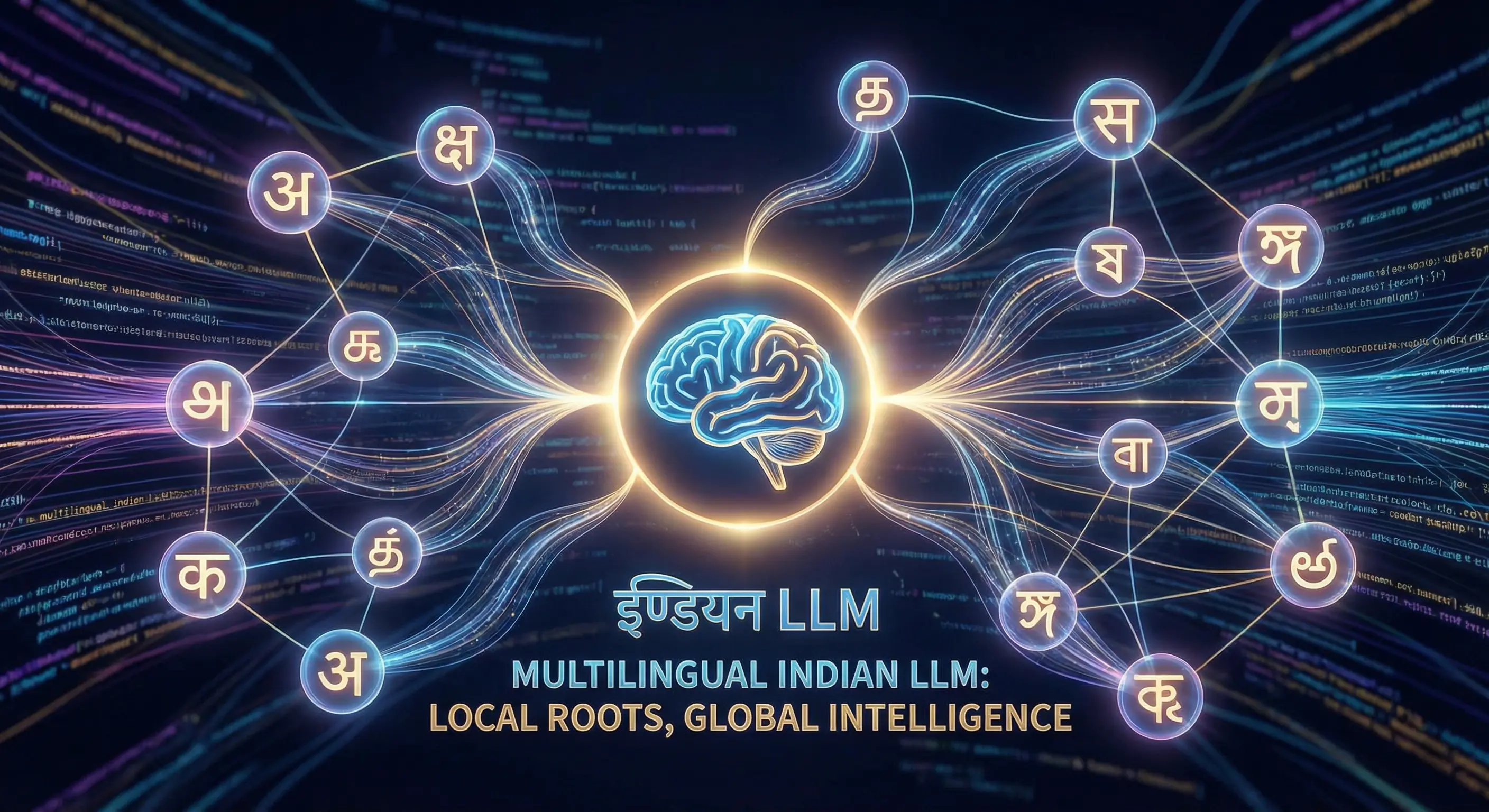 Digital visualization of a neural network with glowing Indian script nodes