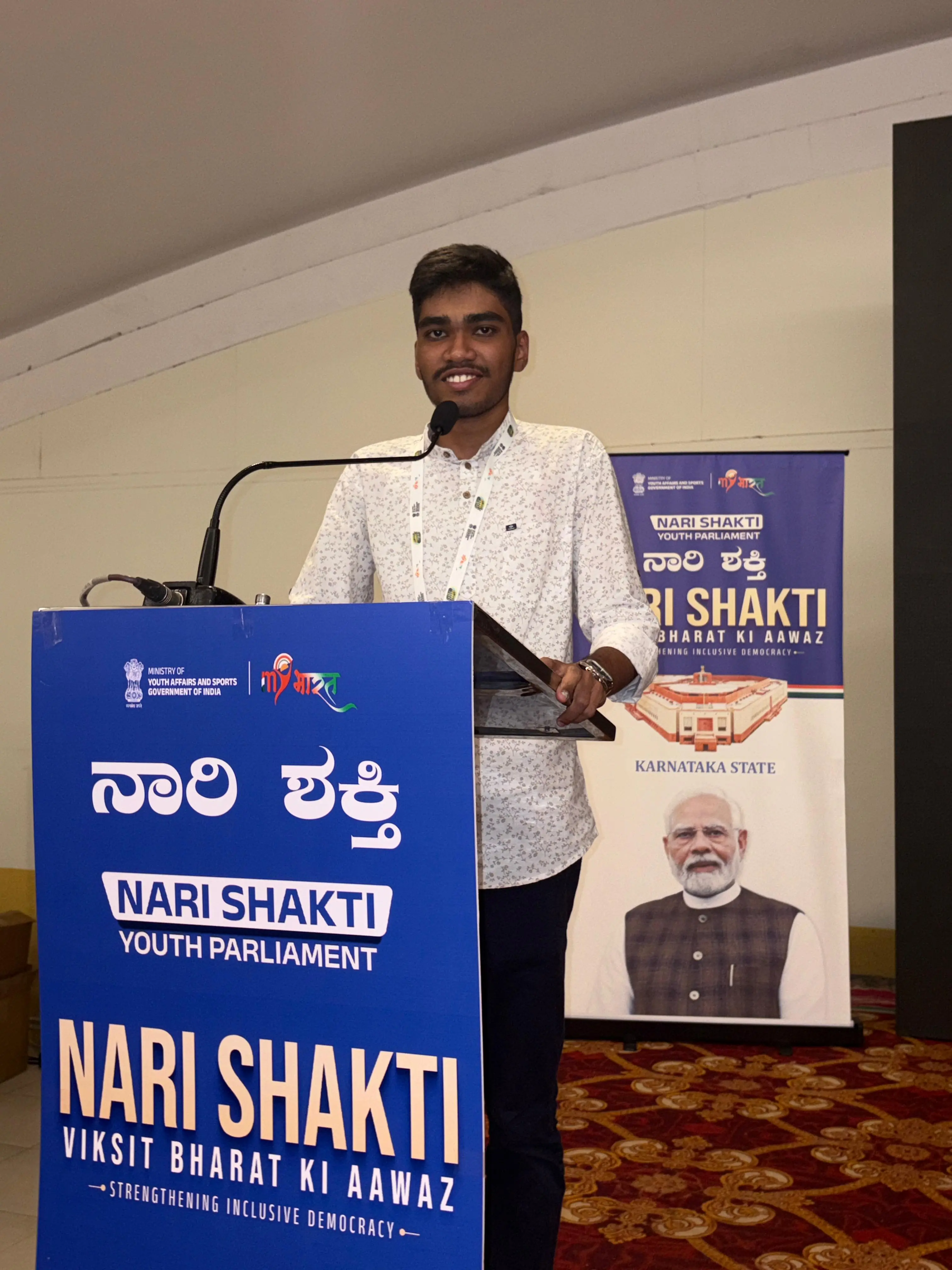 Posing for a speech at the podium