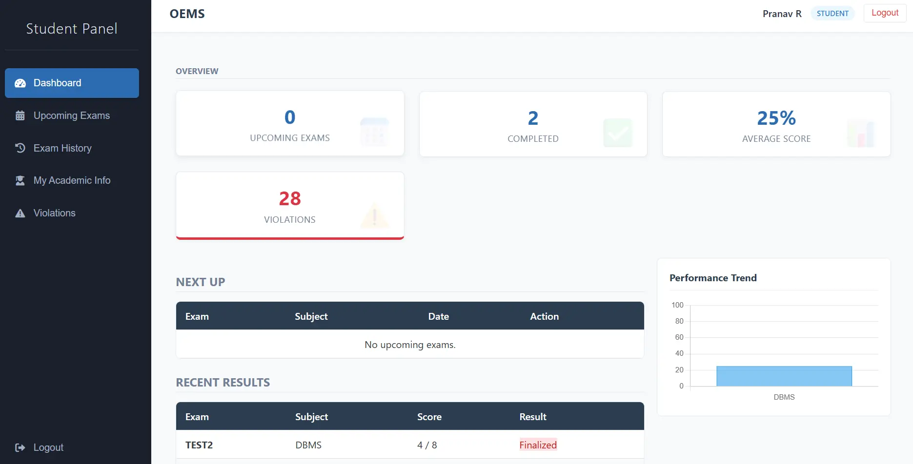Student Dashboard Interface