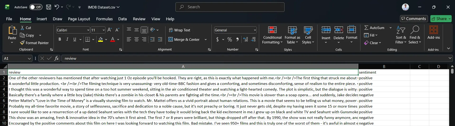 Screenshot of the IMDB dataset showing raw text reviews and sentiment labels