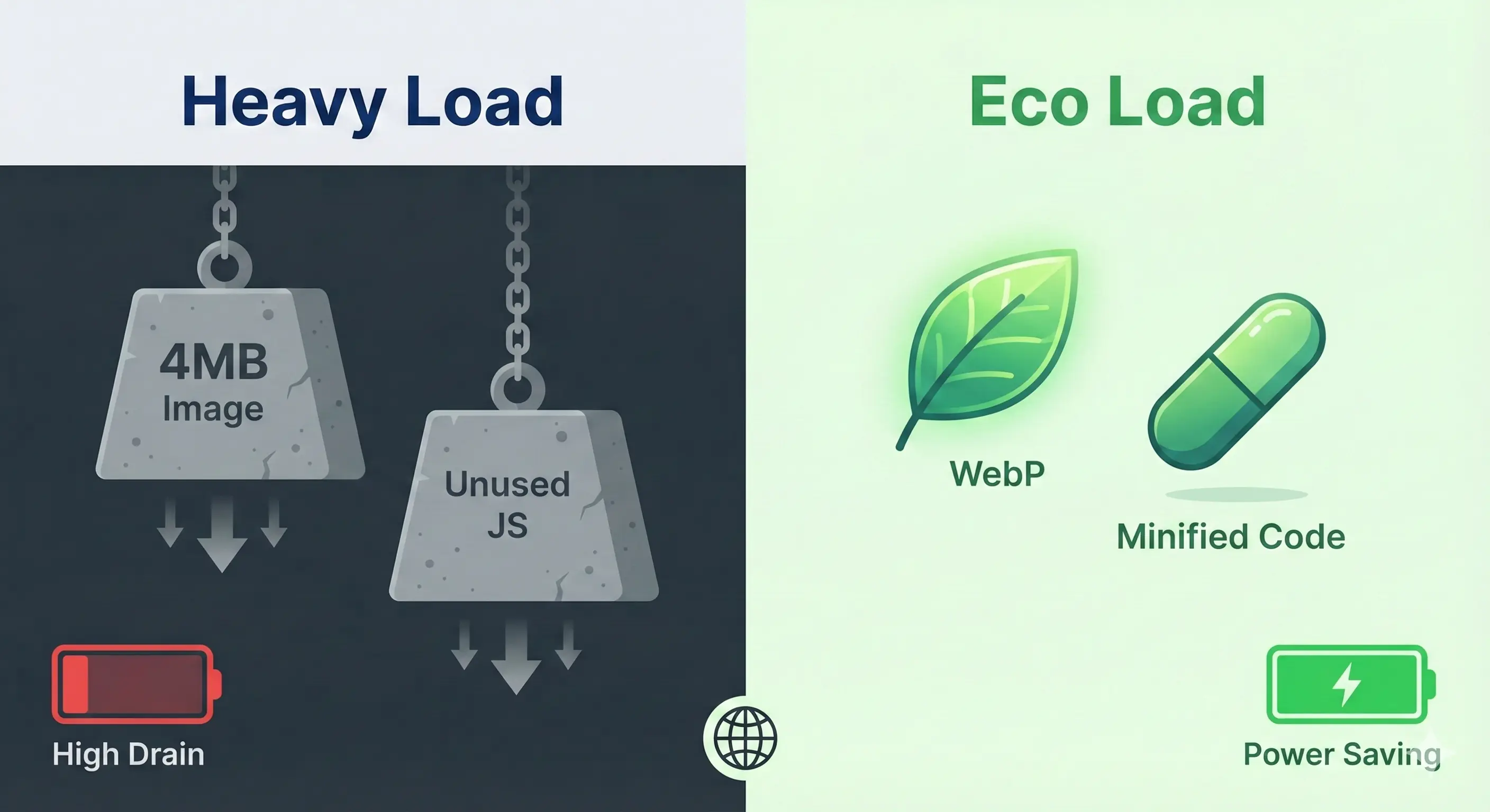 Visual comparison of heavy unoptimized assets versus light optimized assets