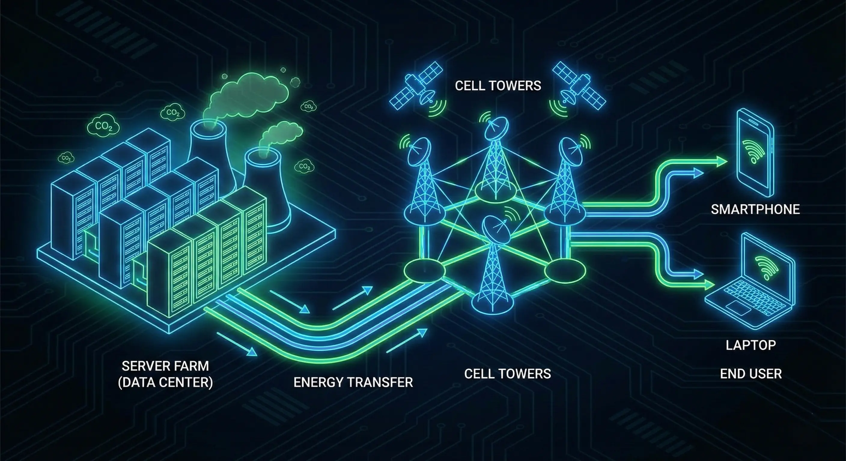 Diagram showing the energy journey from data center to network to end-user device