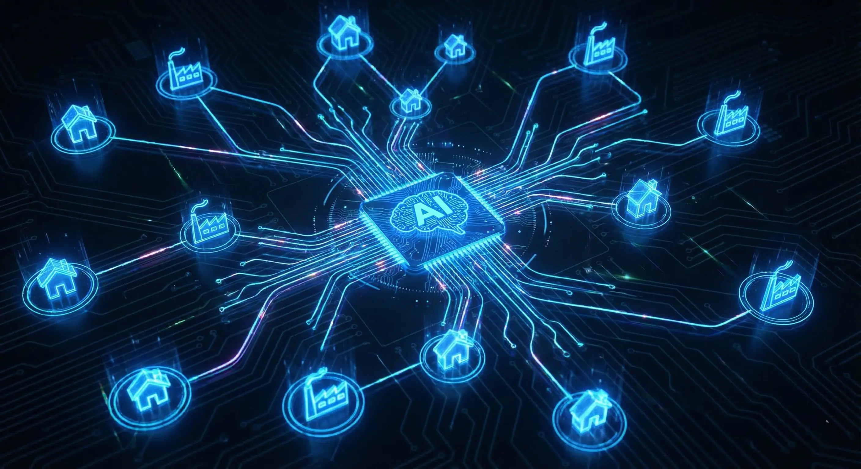 Visualization of a smart grid managed by AI to optimize energy distribution