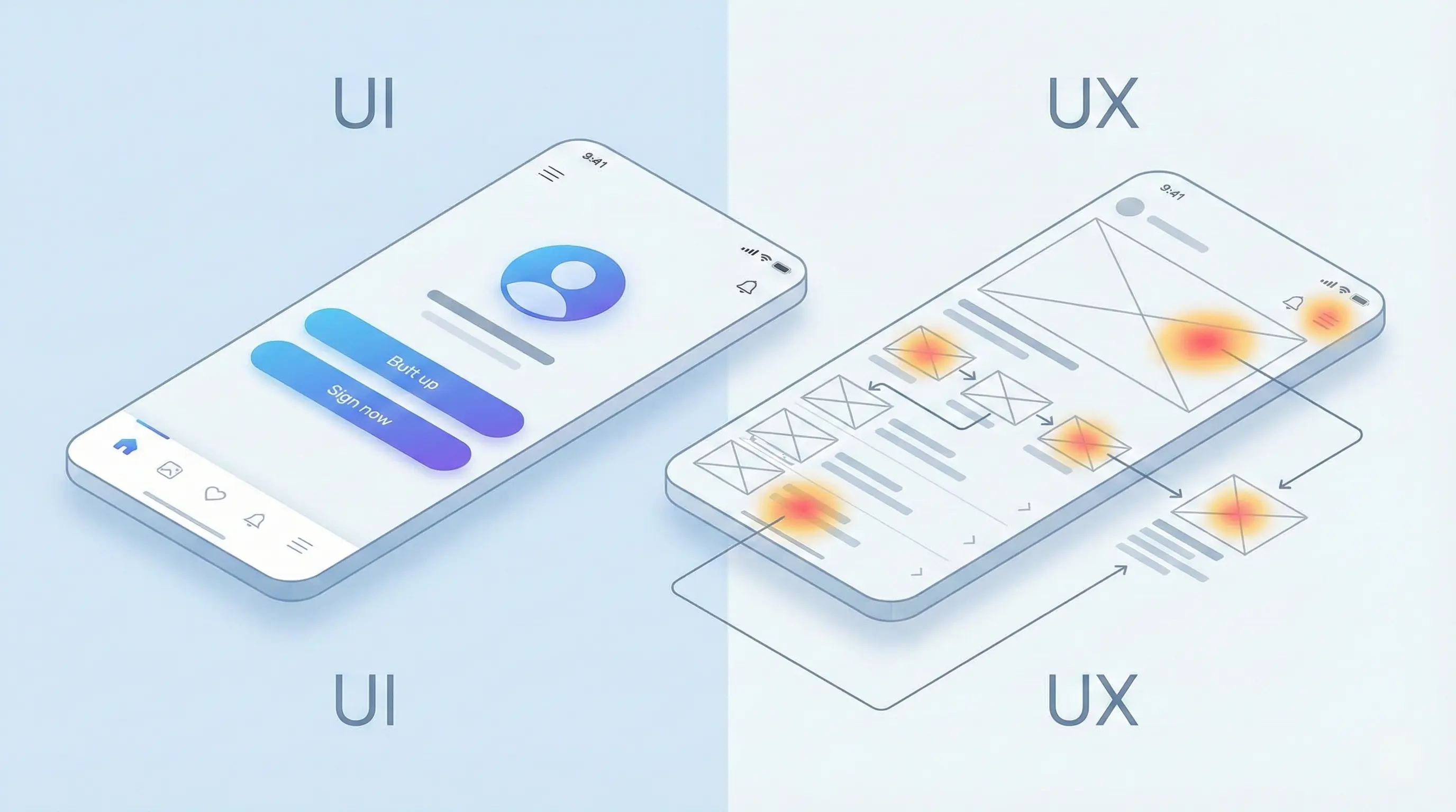 Diagram comparing UI (visual design) vs UX (overall experience and user journey)