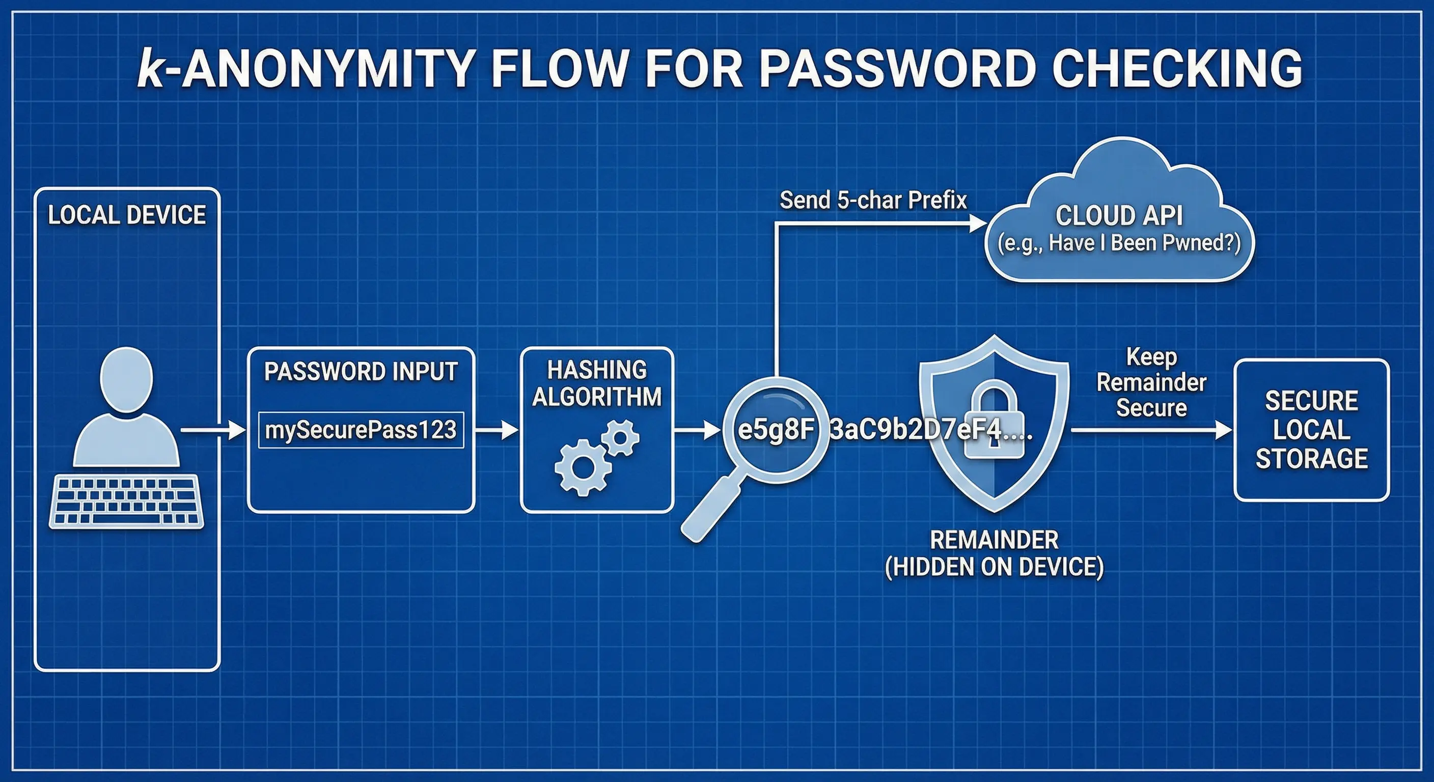 Technical flow diagram explaining k-Anonymity with password hashing