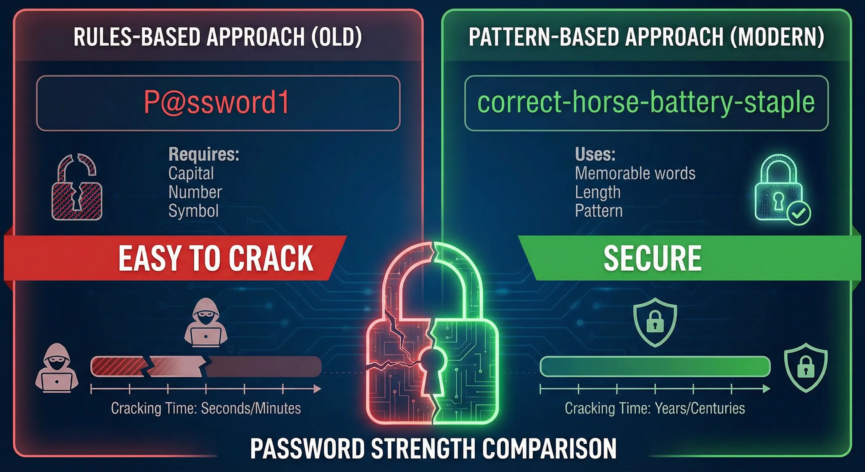 Infographic comparing a weak 'complex' password vs. a strong 'passphrase'